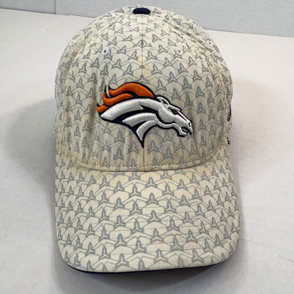Reebok Denver Broncos Hat‎ Cream All Over Logo Print Flex Fit RBK NFL Vintage OS